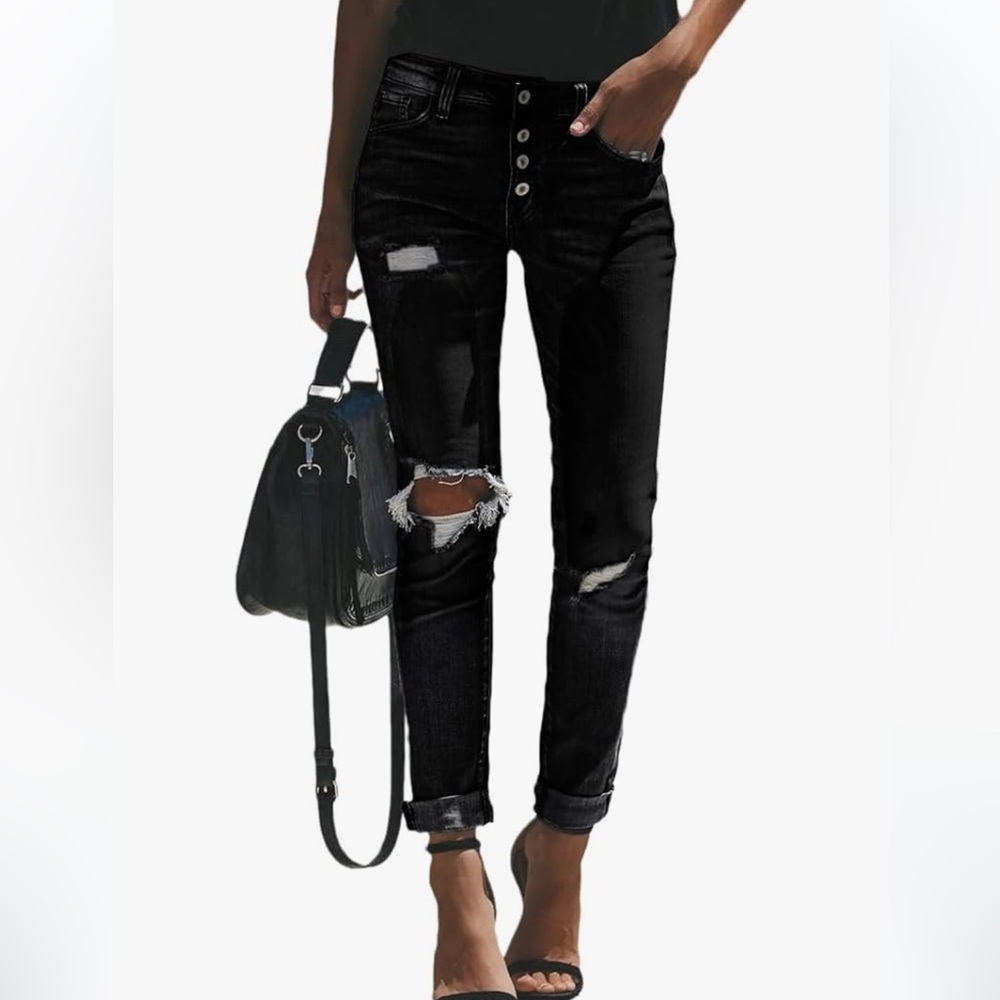 New Cordat Ripped Boyfriend Stretch Skinny Jeans Black 30